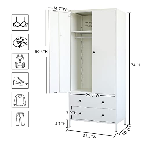 CJF Metal Storage Wardrobe with Hanging Rod, Armoire with 2 Doors and 2 Drawers，Steel Wardrobe Closet for Home, Office 74" H x 31.5" W x 20" D (White)