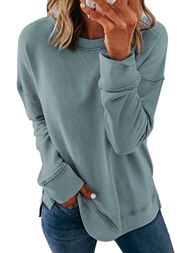 Dokotoo Womens Ladies Plus Size Long Sleeve Crewneck Sweatshirt Side Split Comfy Loose Fit Solid Basic Pullover Tunic Tee Shirts Tops Sweatshirts for Teen Girls 2023 Fashion Fall Blue XXLarge