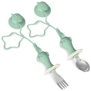 caromolly toddler utensils, toddler fork and spoon set stainless steel toddler silverware set with suction and anti-dropping chain, baby utensils with case on-the-go 2 pcs green