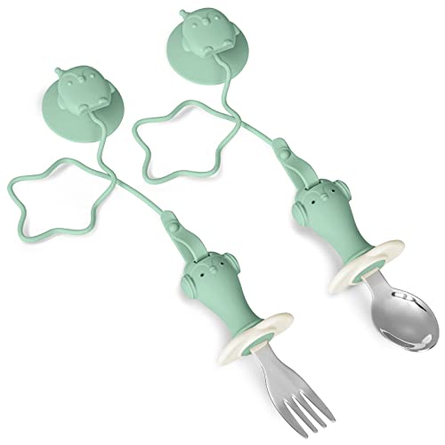 CAROMOLLY Toddler Utensils, Toddler Fork and Spoon Set Stainless Steel Toddler Silverware Set with Suction and Anti-Dropping Chain, Baby Utensils with Case On-The-Go 2 Pcs Green