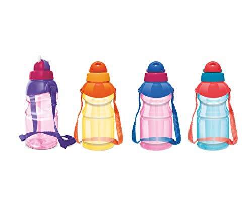 4- pack Kids Water Bottle with Straw for School 13 oz Spill Proof Sippy Cup Flip Top Lid Small Cute Toddler Water Bottle- Bulk Reusable for Trips, Lunch, Day Cares Carry Strap Multi-color BPA Free