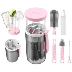 6 in 1 baby bottle brush set, bottle cleaner kit with silicone bottle brush, nipple brush, straw cleaning brush, soap dispenser, baby bottle drying rack for travel and home use (pink)