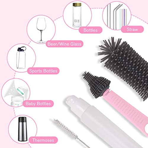 6 in 1 Baby Bottle Brush Set, Bottle Cleaner Kit with Silicone Bottle Brush, Nipple Brush, Straw Cleaning Brush, Soap Dispenser, Baby Bottle Drying Rack for Travel and Home Use (Pink)