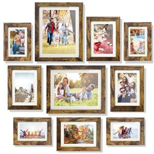 eomeoh picture frames set of 10, wood picture frame with mat and hd glass including 4×6 5×7 8×10 inch photo frames for wall or tabletop (brown)