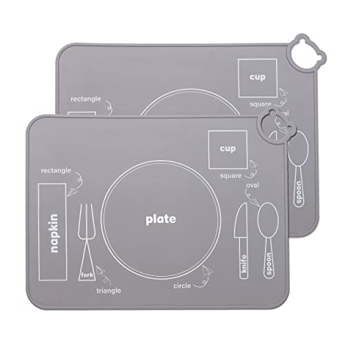 IYYI Silicone Baby Placemat, Kids Placemats for Dining Table, Montessori Placemat, Non Slip Placemat for Toddler, Waterproof, Washable, Portable Placemat Set of 2 (Grey+Grey