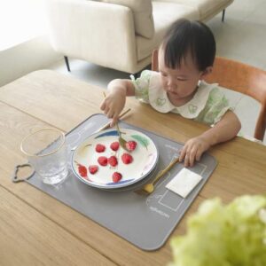 IYYI Silicone Baby Placemat, Kids Placemats for Dining Table, Montessori Placemat, Non Slip Placemat for Toddler, Waterproof, Washable, Portable Placemat Set of 2 (Grey+Grey