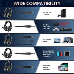 Gaming Headset with Microphone, Gaming Headphones for PS4 PS5 Xbox One PC with RGB Lights, Playstation Headset with Noise Reduction 7.1 Surround Sound Over-Ear and Wired 3.5mm Jack (Black)