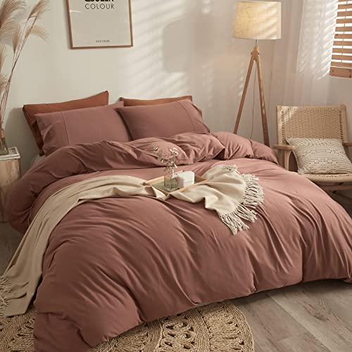 mixinni Brick Red Duvet Cover Queen Knitted Cotton Solid Color Simple Bedding Set Full Size Comforter Cover Queen Size Duvet Cover Set 1 Duvet Cover with Zipper Ties 2 Envelope Pillowcases