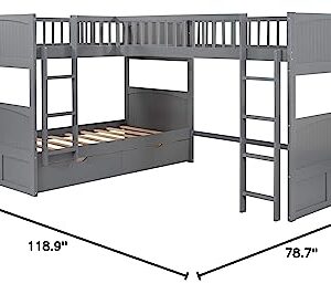 SOHUSPHOME Twin-Over-Twin Wooden L-Shaped Triple Bunk Bed with Ladders and 2 Storage Drawers, Space-Saving Design, Built-in Ladder & Solid Slat Support for Kids Teens Bedroom, Grey