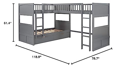 SOHUSPHOME Twin-Over-Twin Wooden L-Shaped Triple Bunk Bed with Ladders and 2 Storage Drawers, Space-Saving Design, Built-in Ladder & Solid Slat Support for Kids Teens Bedroom, Grey