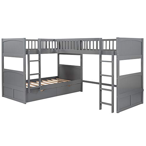 SOHUSPHOME Twin-Over-Twin Wooden L-Shaped Triple Bunk Bed with Ladders and 2 Storage Drawers, Space-Saving Design, Built-in Ladder & Solid Slat Support for Kids Teens Bedroom, Grey