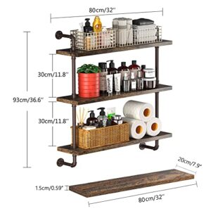 PUSDON Industrial Pipe Shelving Wall Mounted 3 Tier 32 Inch, Bathroom Metal Floating Shelves Bronze, Wood Hanging Storage Bookshelf, Heavy Duty Sturdy Rack for Home Office Garage Farmhouse Bar