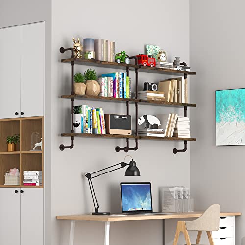 PUSDON Industrial Pipe Shelving Wall Mounted 3 Tier 32 Inch, Bathroom Metal Floating Shelves Bronze, Wood Hanging Storage Bookshelf, Heavy Duty Sturdy Rack for Home Office Garage Farmhouse Bar