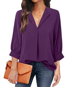 unixseque 2022 women's chiffon tunic tops, 3/4 sleeve v neck blouse for office work - violet m