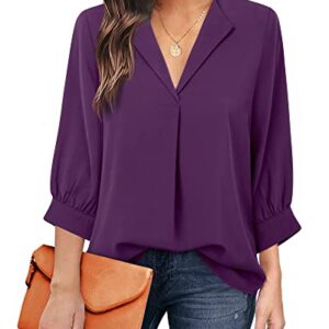 Unixseque 2022 Women's Chiffon Tunic Tops, 3/4 Sleeve V Neck Blouse for Office Work - Violet M