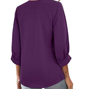 Unixseque 2022 Women's Chiffon Tunic Tops, 3/4 Sleeve V Neck Blouse for Office Work - Violet M