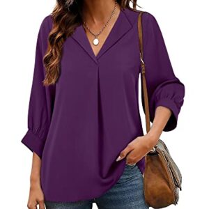 Unixseque 2022 Women's Chiffon Tunic Tops, 3/4 Sleeve V Neck Blouse for Office Work - Violet M