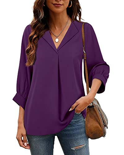 Unixseque 2022 Women's Chiffon Tunic Tops, 3/4 Sleeve V Neck Blouse for Office Work - Violet M