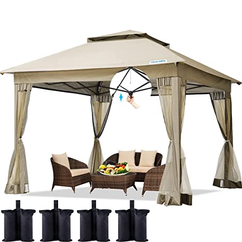 Quictent 11’x11’ Pop up Gazebo Canopy Tent with Mosquito Netting, One Person Setup Vented Outdoor Instant Screened House Tent Shelter with 4 Sand Bags, Khaki