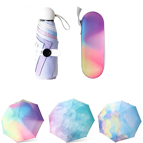 Aikelai Mini Travel Umbrella with Case , 8 Ribs Folding Small Compact Portable Umbrella for Sun and Rain, Windproof Sun Protection (rainbow)