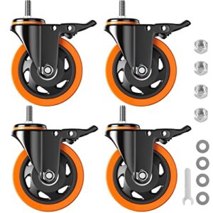 4 inch caster wheels 2200lbs, threaded stem casters set of 4 heavy duty, 1/2"-13 x 1" (screw diameter 1/2", stem length 1"), safety dual locking industrial castors, wheels for cart, furniture
