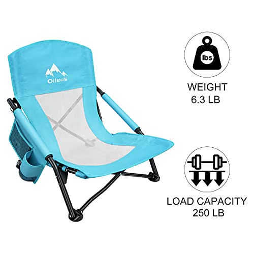 Oileus Low Beach Chair for Beach Tent & Shelter & Camping | Outdoor Ultralight Backpacking Folding Recliner Chairs with Cup Holder and Storage Bag, Carry Bag, Breeze Mesh Back, Compact Duty Blue 1 Pcs