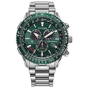 citizen men's promaster air eco-drive pilot chronograph watch, atomic timekeeping technology, 12/24 hour time, power reserve indicator, luminous hands and markers, sapphire crystal, stainless/green dial