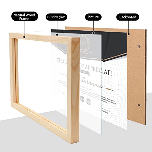 KINLINK 8.5x11 Picture Frames Natural Wood Diploma Frames with Acrylic Plexiglass for Pictures, Certificate Degree Document Frame Tabletop and Wall Mounting Display, Set of 4