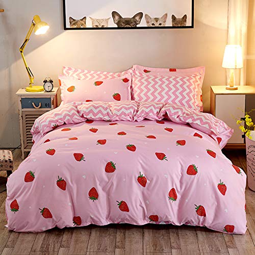 HALOZI Duvet Cover Set Full Size Strawberry Pink Stripes Reversible Luxury Soft Bedding Set Comforter Cover with Zipper Closure and Corner Ties (1 Duvet Cover+2 Pillowcases)(Full（80X90） inch)