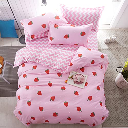 HALOZI Duvet Cover Set Full Size Strawberry Pink Stripes Reversible Luxury Soft Bedding Set Comforter Cover with Zipper Closure and Corner Ties (1 Duvet Cover+2 Pillowcases)(Full（80X90） inch)