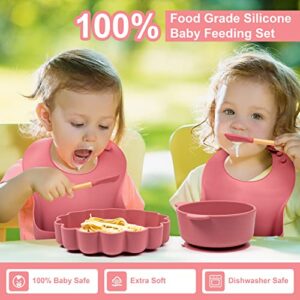 Kiddie Crave Baby Feeding Supplies Set of 11 – Ultra Soft Silicone Baby Utensils – Colorful Baby Led Weaning Supplies with Spoons, Bibs, Bowls – Comfortable and Safe Baby Plates (Pink)