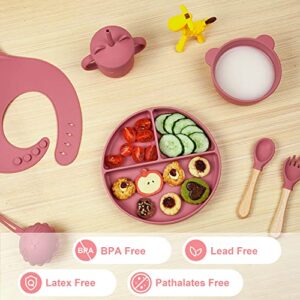 Kiddie Crave Baby Feeding Supplies Set of 11 – Ultra Soft Silicone Baby Utensils – Colorful Baby Led Weaning Supplies with Spoons, Bibs, Bowls – Comfortable and Safe Baby Plates (Pink)