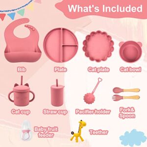 Kiddie Crave Baby Feeding Supplies Set of 11 – Ultra Soft Silicone Baby Utensils – Colorful Baby Led Weaning Supplies with Spoons, Bibs, Bowls – Comfortable and Safe Baby Plates (Pink)