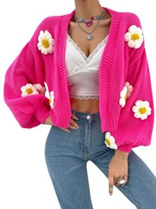 makemechic women's floral applique lantern sleeve open front cropped cardigan sweater hot pink l