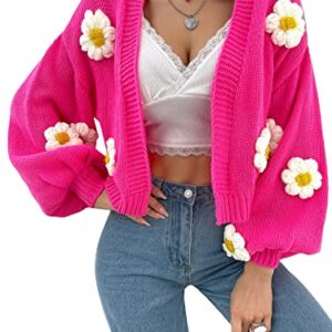 MakeMeChic Women's Floral Applique Lantern Sleeve Open Front Cropped Cardigan Sweater Hot Pink L