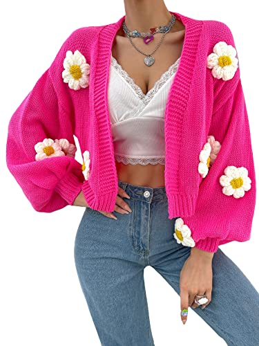 MakeMeChic Women's Floral Applique Lantern Sleeve Open Front Cropped Cardigan Sweater Hot Pink L