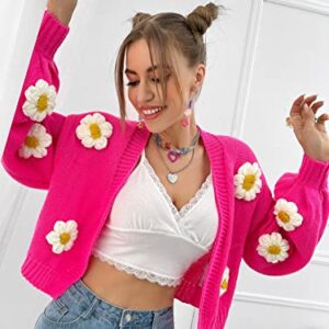 MakeMeChic Women's Floral Applique Lantern Sleeve Open Front Cropped Cardigan Sweater Hot Pink L