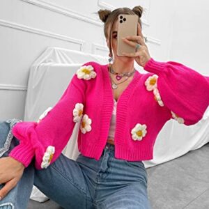 MakeMeChic Women's Floral Applique Lantern Sleeve Open Front Cropped Cardigan Sweater Hot Pink L