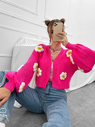 MakeMeChic Women's Floral Applique Lantern Sleeve Open Front Cropped Cardigan Sweater Hot Pink L