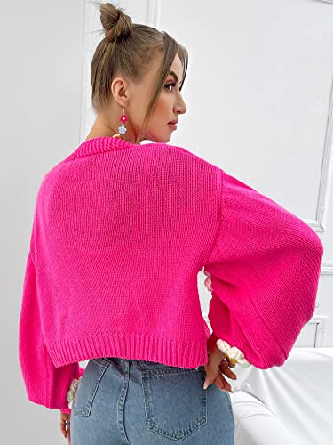 MakeMeChic Women's Floral Applique Lantern Sleeve Open Front Cropped Cardigan Sweater Hot Pink L