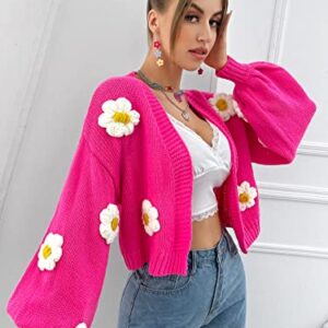 MakeMeChic Women's Floral Applique Lantern Sleeve Open Front Cropped Cardigan Sweater Hot Pink L