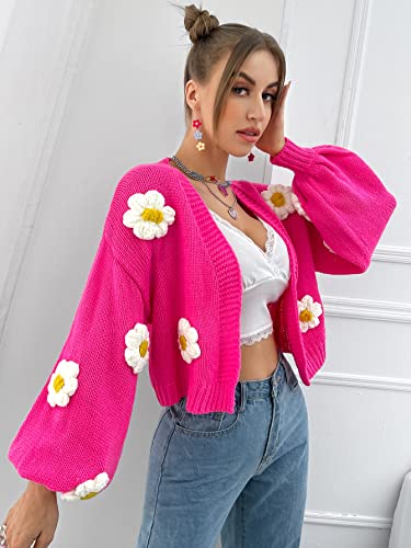 MakeMeChic Women's Floral Applique Lantern Sleeve Open Front Cropped Cardigan Sweater Hot Pink L