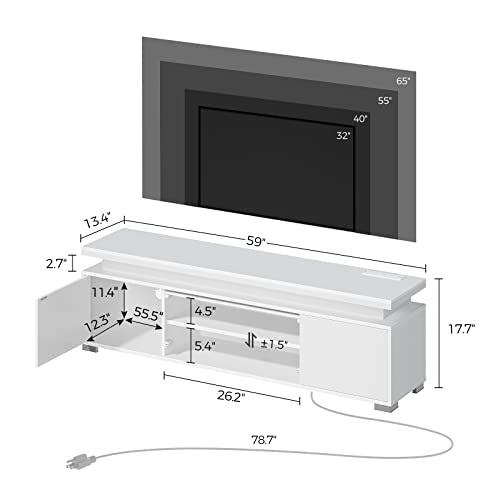 Rolanstar TV Stand with LED Lights & Power Outlet, Modern Entertainment Center for 32/43/50/55/65 Inchs TVs, TV Table, Universal Gaming LED TV Media stand with Storage Cabinet and Large Storage, White