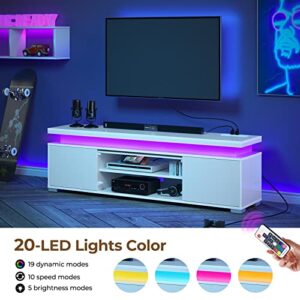 Rolanstar TV Stand with LED Lights & Power Outlet, Modern Entertainment Center for 32/43/50/55/65 Inchs TVs, TV Table, Universal Gaming LED TV Media stand with Storage Cabinet and Large Storage, White