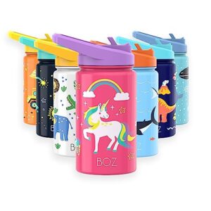 boz kids water bottle for school with straw lid, stainless steel insulated water bottle for kids, toddler water bottle, leak proof water bottle for kids and toddlers, 14 oz (414ml) (unicorn)