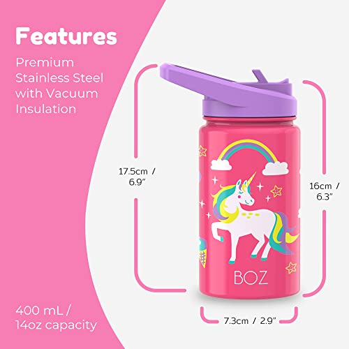 BOZ Kids Water Bottle for School with Straw Lid, Stainless Steel Insulated Water Bottle for Kids, Toddler Water Bottle, Leak Proof Water Bottle for Kids and Toddlers, 14 oz (414ml) (Unicorn)