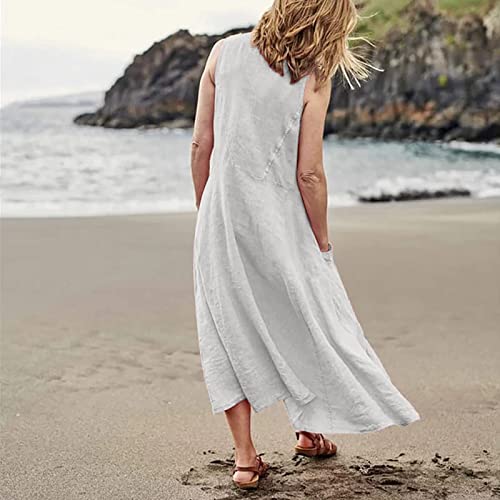 Porsha Williams Favorites Clothes, Boho Dress for Women Maxi Women's Plus Shorts Long Romper Dresses Women's Fashion Casual Solid Colour Sleeveless Cotton Linen Pocket Dress Ladies (S, White)