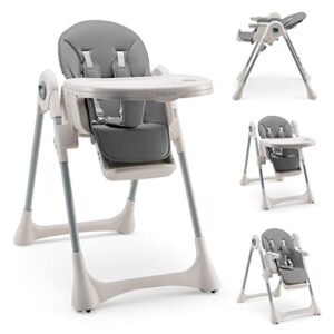 baby joy convertible high chair for babies & toddlers, foldable highchair with adjustable backrest/footrest/seat height, double removable tray, detachable pu cushion, built-in front wheels (gray)
