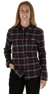 caterpillar stretch flannel shirts for women with cat logo on chest pocket and double needle stitching, red charcoal - small