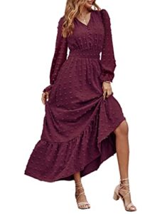 mascomoda women boho maxi dress 2023 long sleeve v neck swiss dot smocked high waisted button a-line ruffle tiered fall long dress(medium, wine red)
